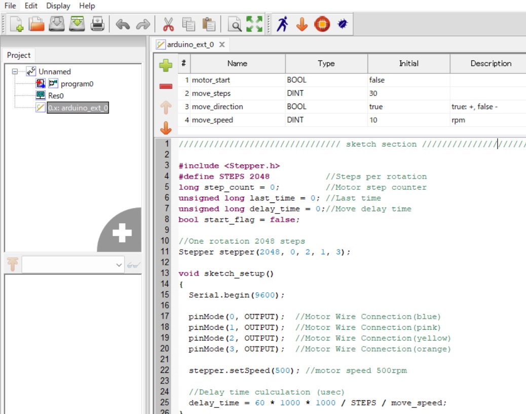 OpenPLCでラダー図とArduinoスケッチを共存させて、ラダー図からステッピングモータを動作させる実験(Raspberry Pi Pico W使用)